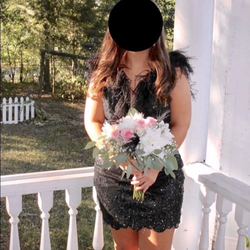 Black beaded dress feathers Alyce Designs Altered to size 8/10 HoCo Homecoming